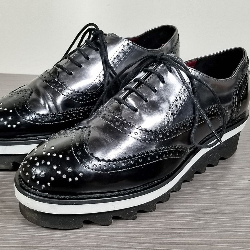 Baciami 9630 Platform Wingtip Oxford Black & Silver Leather Womens Size 8